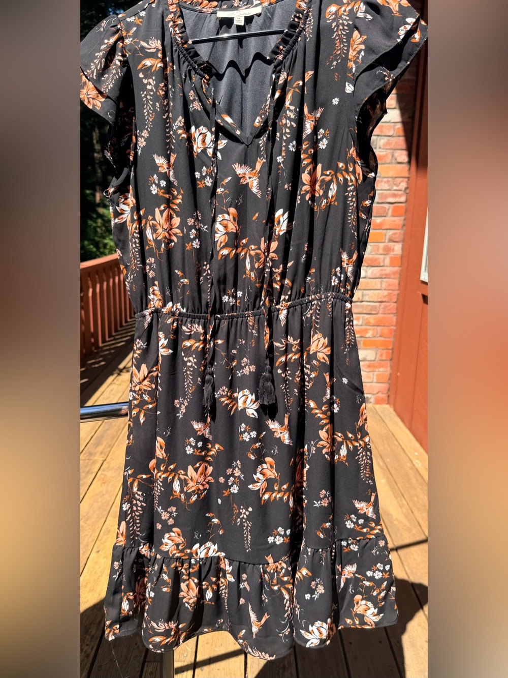 Floral Tie-Waist Ruffle Dress - Black with Rust Floral size Medium